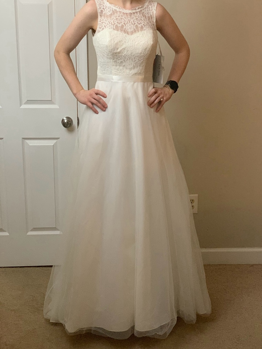 David's Bridal Ivory Illusion Lace A-Line Dress